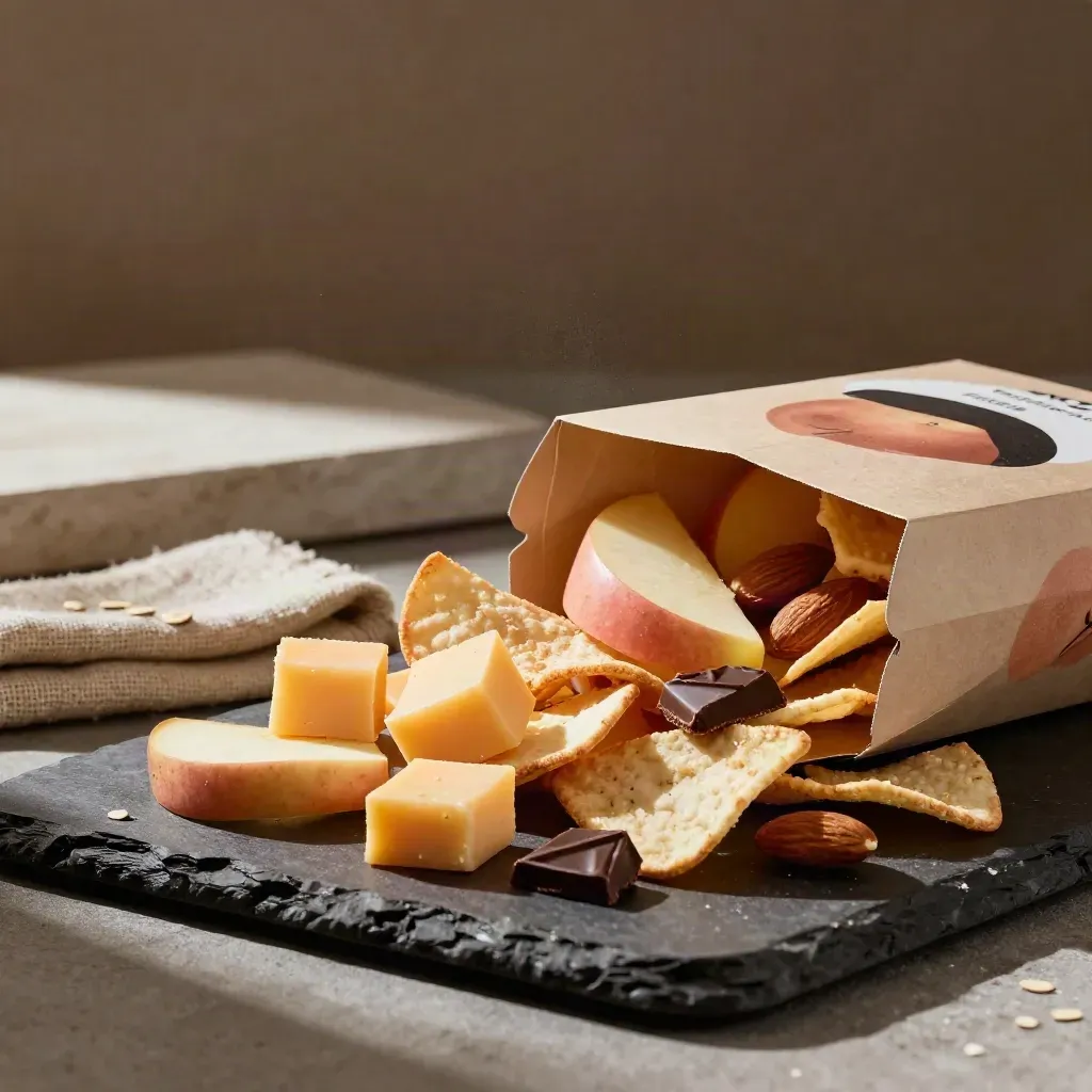 Snack box with apples, cheddar, almonds, and chocolate on a dark tray.
