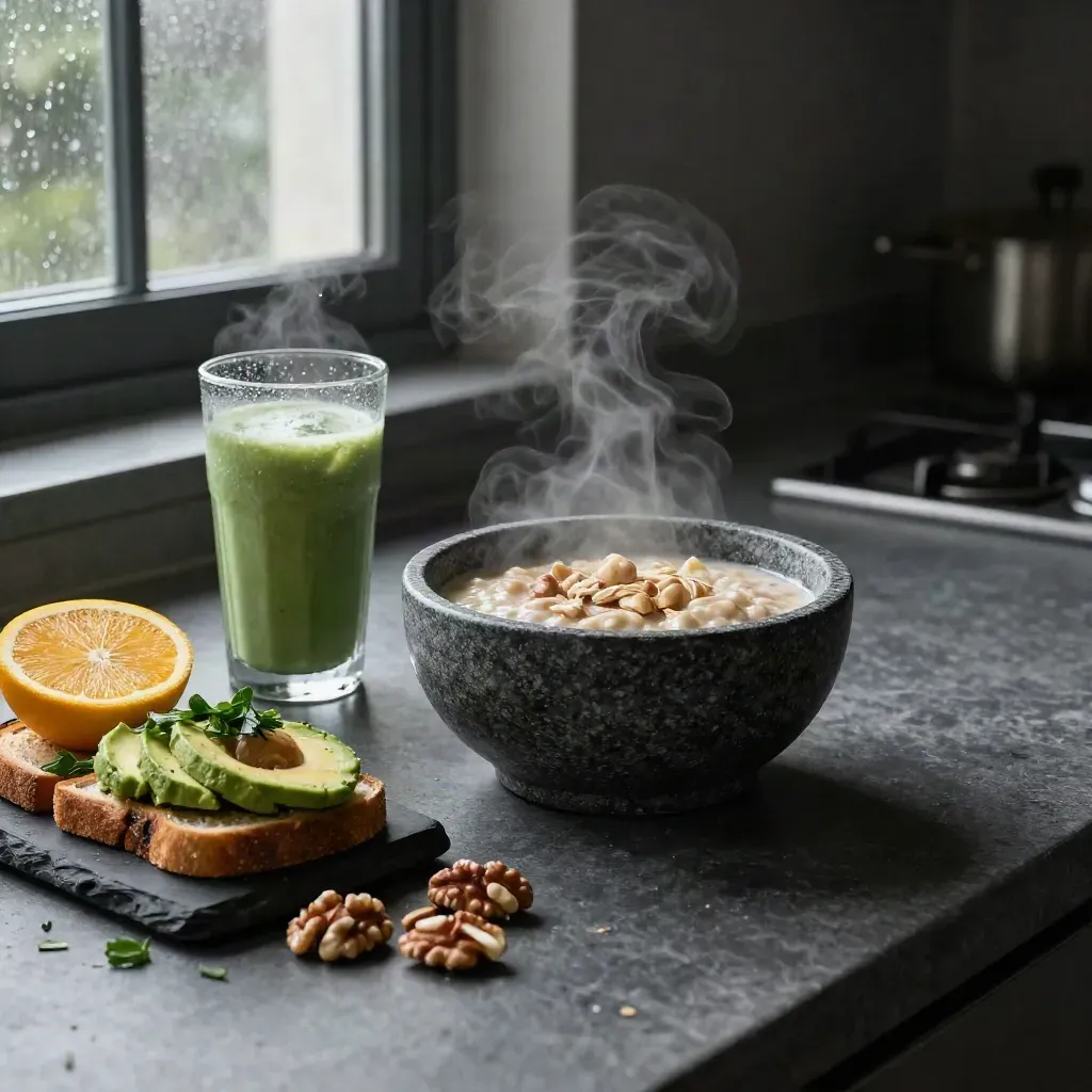 Rainy kitchen with steaming oat porridge, green smoothie, avocado toast and citrus on a dark counter.