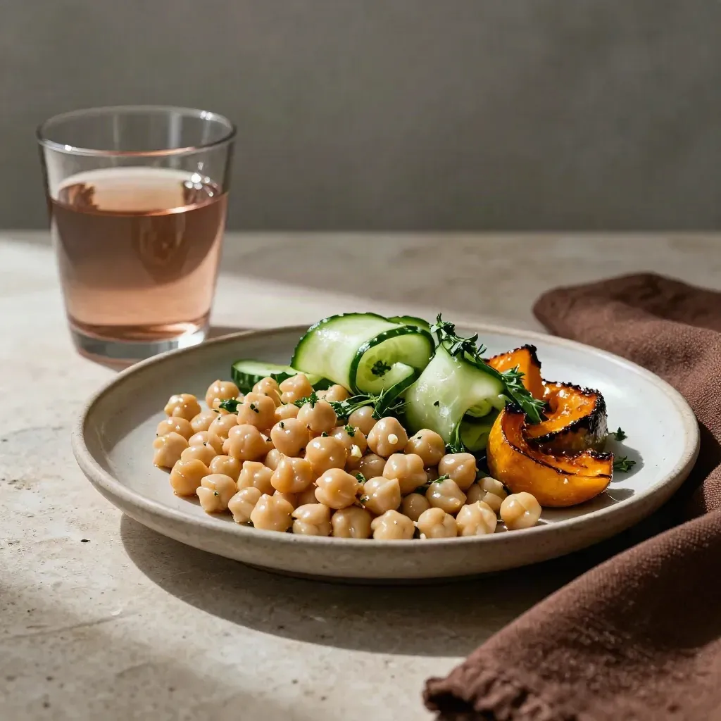 Macro lunch plate of grains, chickpeas, squash, cucumber ribbons, herbs, and water on pale stone