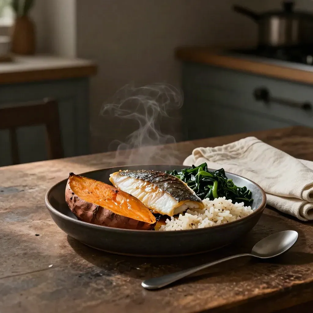Warm fish dinner in a dark ceramic dish with sweet potato, greens, rice, and steam