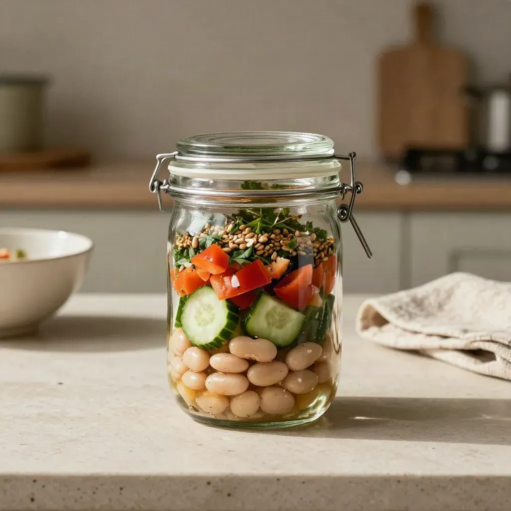 Sealed bean salad jar with layered beans, cucumber, pepper, herbs, and seeds on a pale counter.