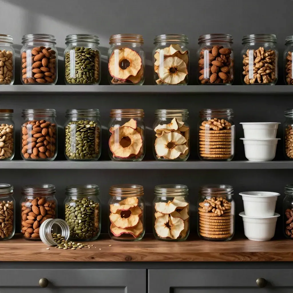 Pantry shelf of nuts, seeds, crackers, fruit and yogurt cups in tidy rows, lit warmly