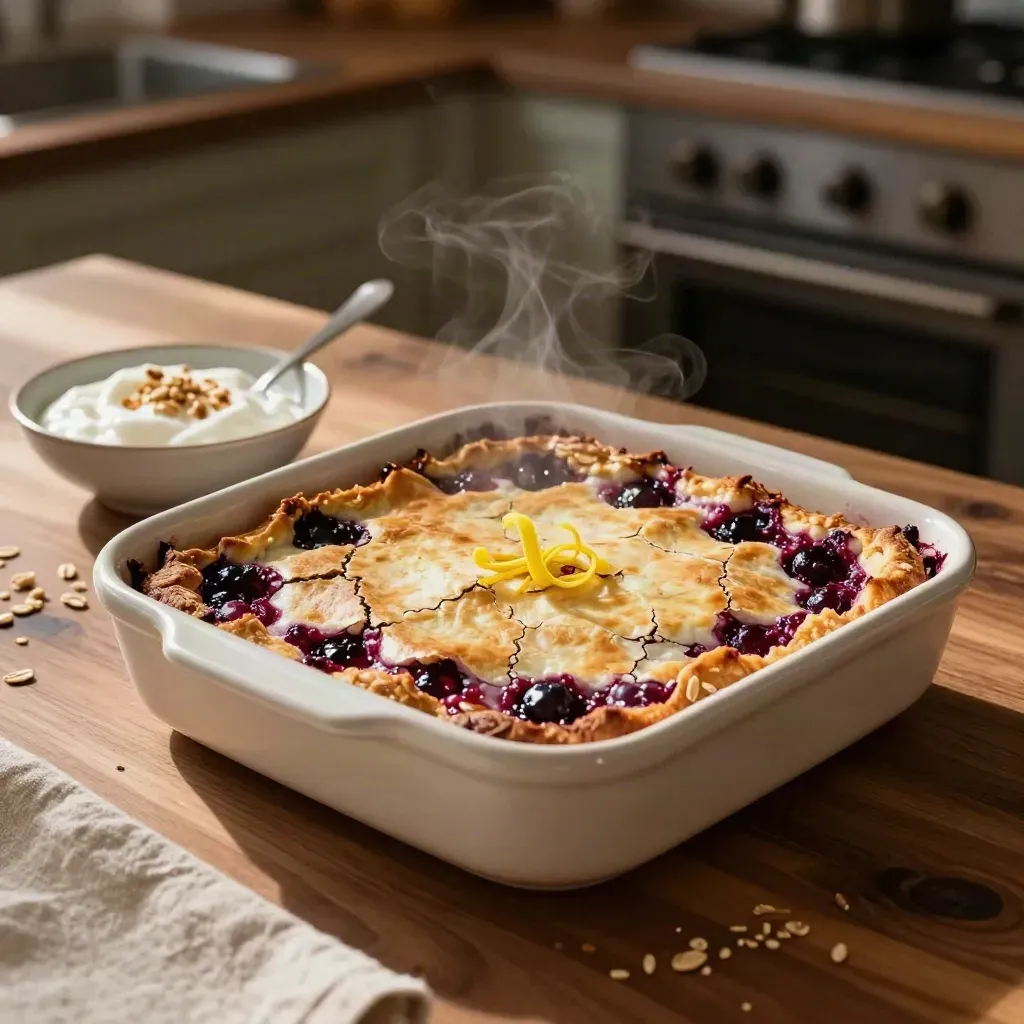 Steaming berry oat bake in a stoneware dish with yogurt and lemon zest on a walnut counter