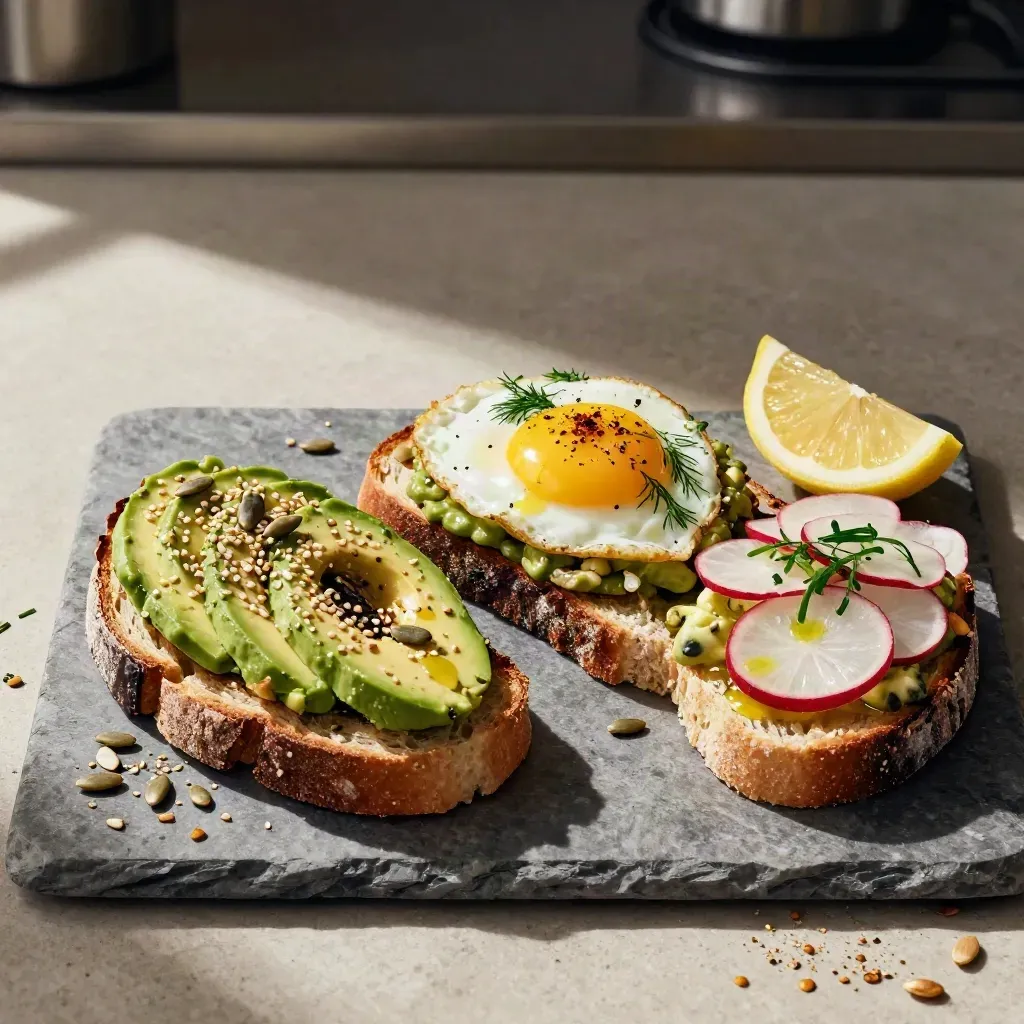 Top-down avocado toast trio on a stone board with seeds, herbs and lemon in warm kitchen light.