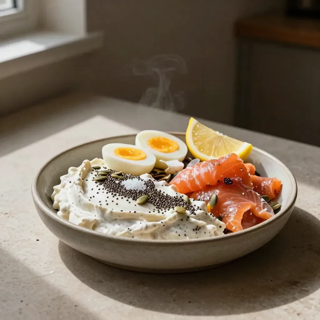 Protein breakfast spread with skyr, boiled eggs, seeds, smoked salmon and lemon on pale stone.