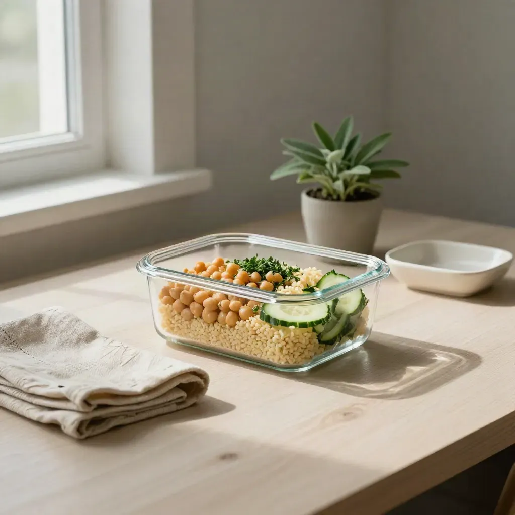 Glass lunch box with chickpeas, couscous, cucumber and herbs beside linen and a small plant.