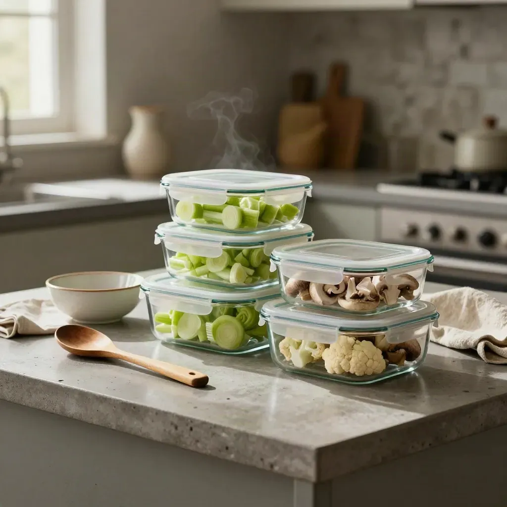 Meal-prep containers with chopped vegetables and a wooden spoon on a concrete kitchen island