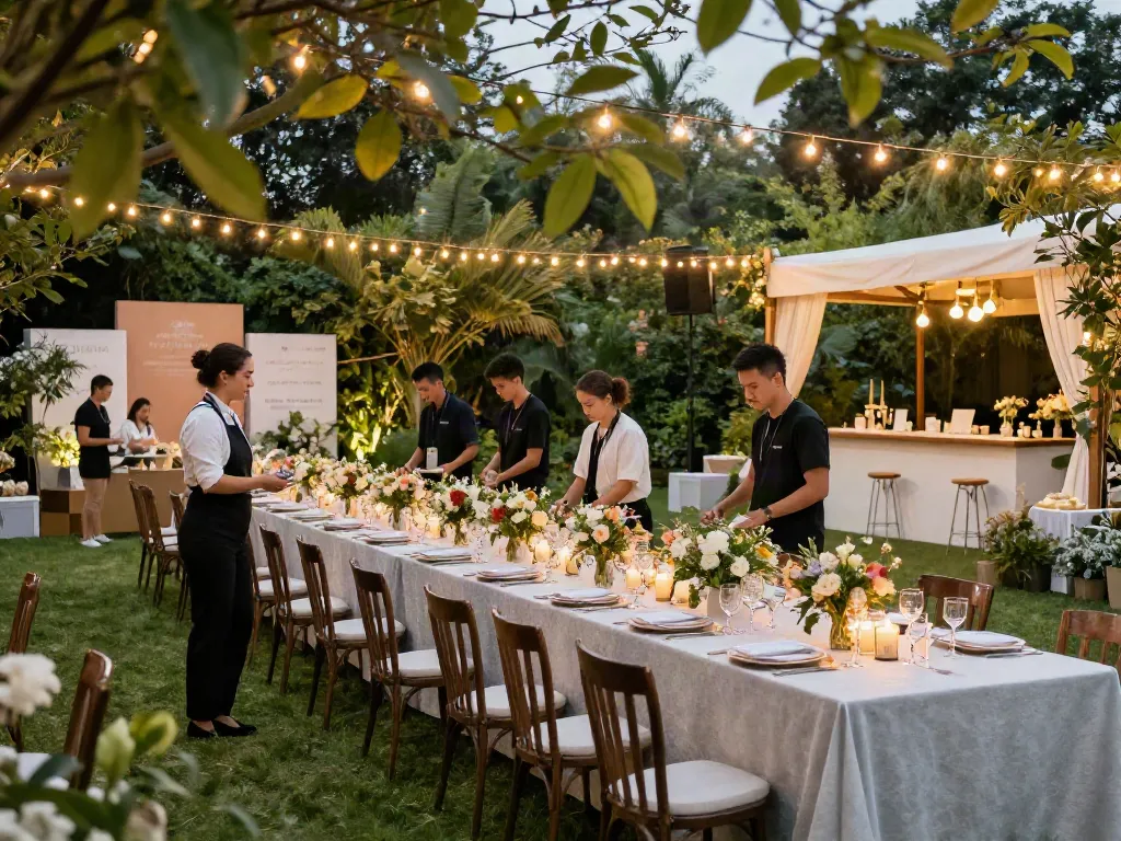 Event rentals setup in a beautifully decorated garden with premium tables and elegant lighting.